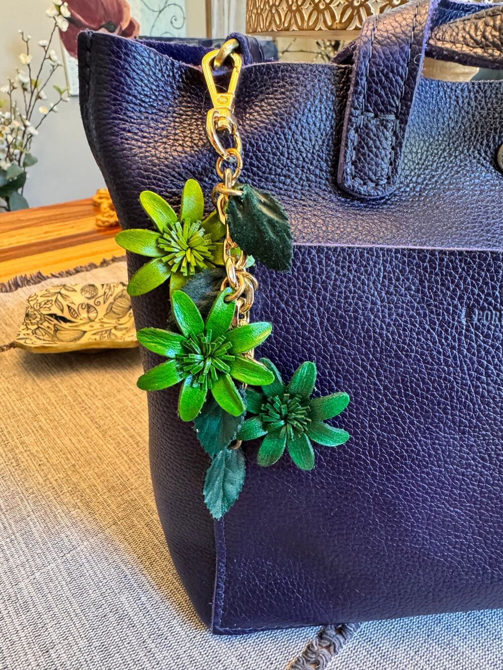 Colorful Green Flower Bag Charm Genuine Leather Purse Charm Flower Charms NEW!